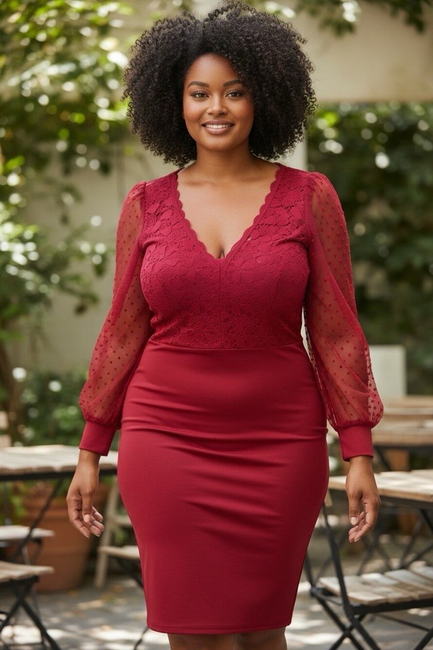 Grace Karin Red V-neck Lace Long Sleeve Bodycon Dress Size 2XL